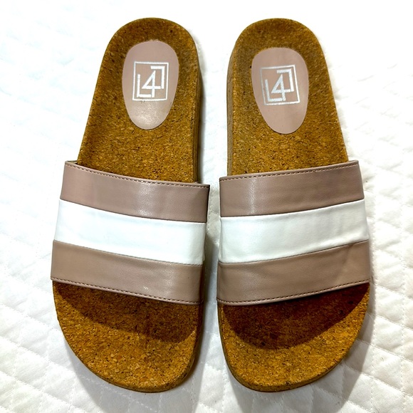 LL AFFECT Slides Neutral Tan &White Faux Leather. Faux Cork Footbed. Size 10. - Picture 3 of 6